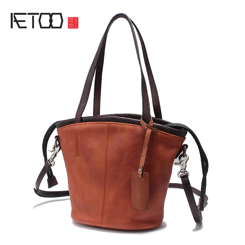 

BJYL Leather handbags 2017 autumn and winter cowhide shoulder Messenger bag large capacity liner bag wild pumping belt bucket t