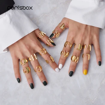 

Peri'sBox 2019 New Alphabet A- Z Letter Stacking Rings Wide Chunky Irregular Gold Ring Adjustable Initial Statement Ring Unisex