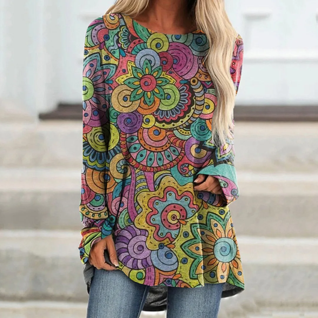 New Fashion Women's Clothes Forest Landscape Digital Printing Raglan Long Sleeve Loose T-shirt