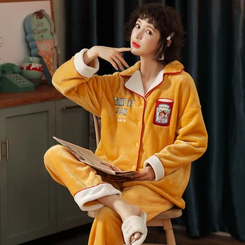 

Women Winter Pajamas Long Sleeve Flannel Pijama Warm Night Sleepwear