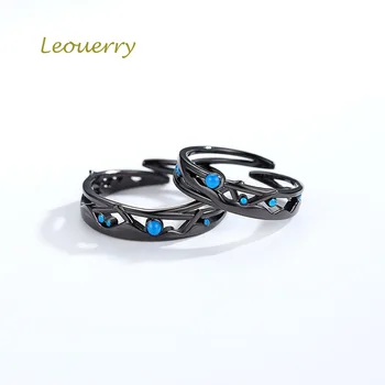 

Leouerry Milky Way Bright Black Couple Rings Original 925 Sterling Silver Blue Oil Drip Craft Opening Rings for Women Lover Gift