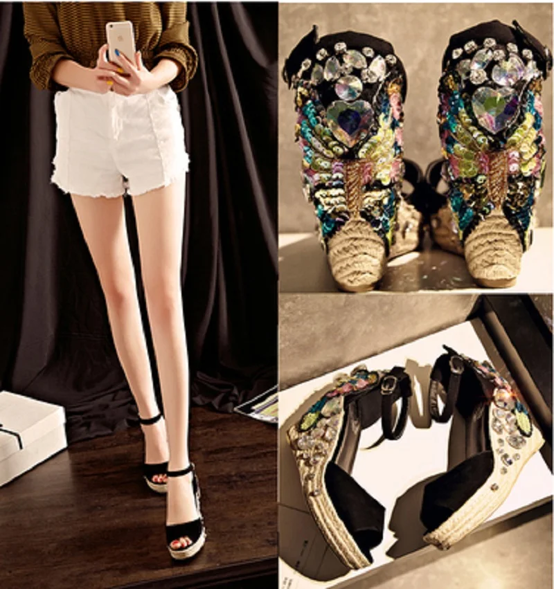 

Women Shoes Sandals Fish Mouth Platform Hand Sewn Bohemian Style Thick Bottom Slope Heel Sandals Summer Women Shoes