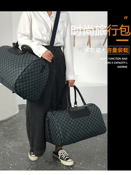 

Large Capacity Travel Bag,Pu Bucket Bag,Blue plaid Business Bag,Fitness Bag,Swimming Bag