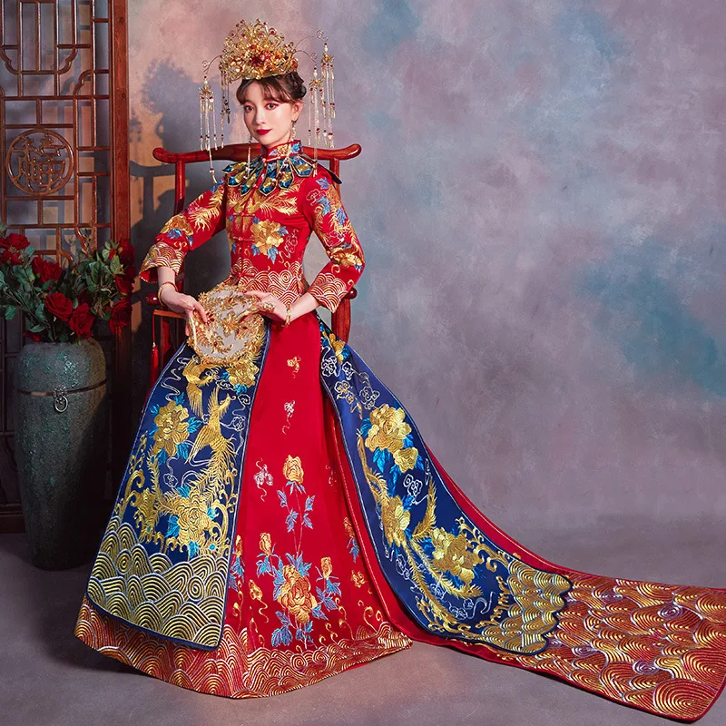 Восточный стиль вышивка Cheongsam красная невеста свадебное платье Qi Pao традиционное китайское свадебное платье Qipao продвижение фрахт - Цвет: Trailing