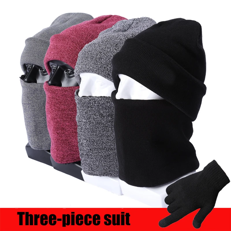 

Three-piece Suit Warm Knitted Hat Men and Women Bib Gloves Winter Double Layer Plus Velvet Thick Fashion Couple Windproof Cap