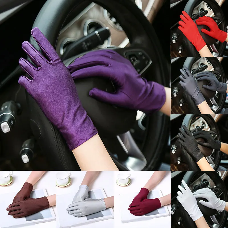 

Summer Thin Sun Protection Gloves Pearlescent Shiny Women Etiquette Dance Gloves Solid Color Elastic Cycling Driving Glove New