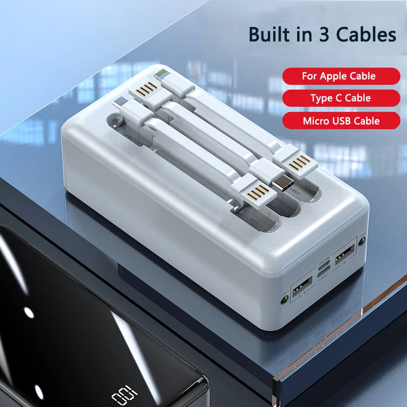 

Power Bank 30000mAh Powerbank Built in Cable Type C USB External Battery Portable Charger For iPhone 12 11 Samsung S21 Poverbank