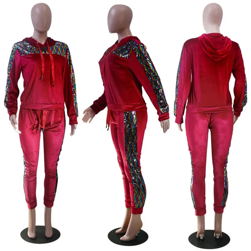 WQ004939 Женский комплект 2 шт. худи с пайетками, штаны, комплект одежды, теплая новейшая одежда, Женский однотонный спортивный костюм, женский комплект, топ, штаны, костюм для женщин - Цвет: WQ004939