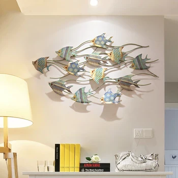 

Mediterranean Vintage Wall Decoration Wrought Iron Home Wall Hanging Metal Fish Creative 3D Stereo Bedroom Wall Mural Ornament