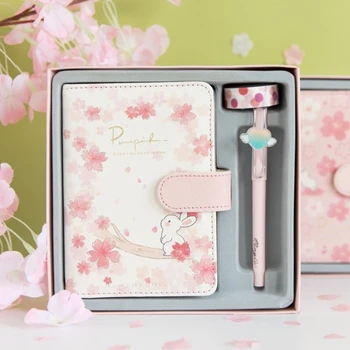 

MINKYS Sakura Rabbit PU 80 Sheets Weekly/Monthly Plan Diary Notebook Journal With Pen And Masking Tape Set School Stationery