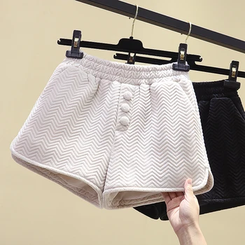 

Wave Pattern Elastic Waist Velvet Shorts for Women 2020 New Autumn Winter Casual All-match Wide Leg Bottoming Female Shorts