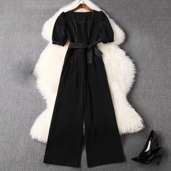 

HIGH STREET 2020 Newest Fashion Designer Rompers Women's Short Puff Sleeve Square Neck Patchwork Big Pockets Wide Leg Jumpsuit
