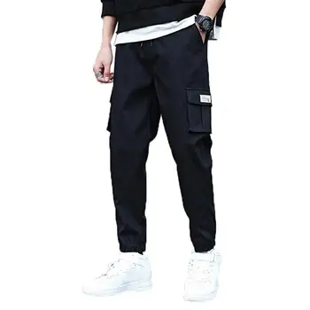 

Men Solid Color Multi-pocket Drawstring Ankle Banded Long Cargo Pants Trousers Men's solid color pocket lace-up slacks
