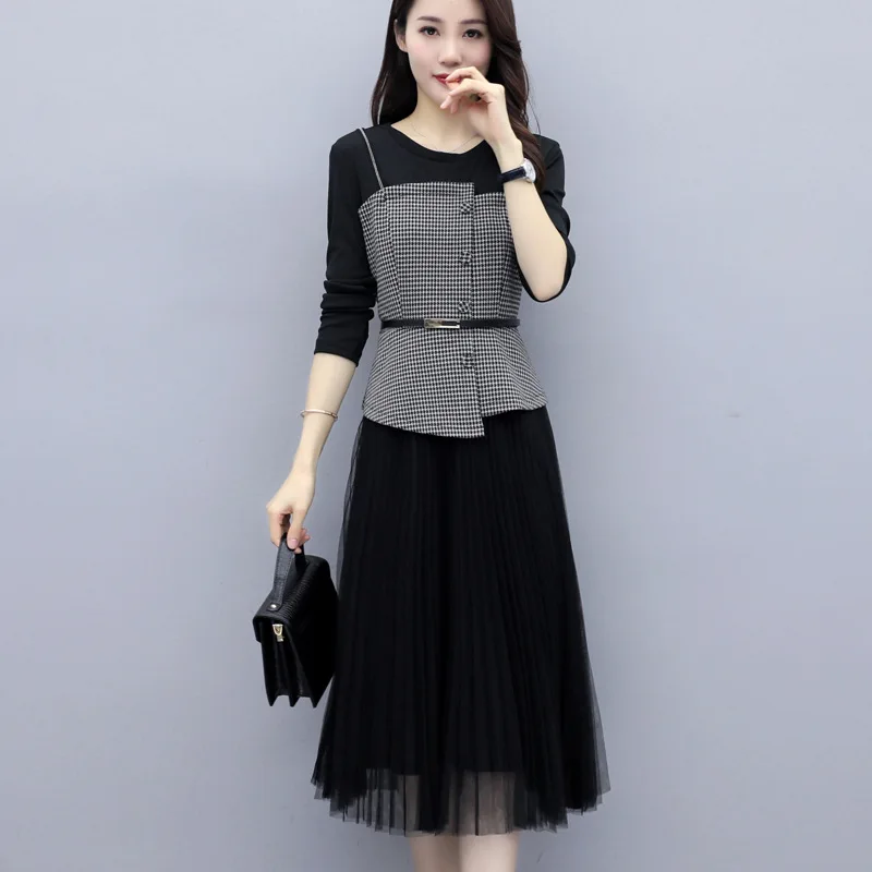 

Fashion Pattern Elegant Slimming Mock Two-Piece Suspender Skirt Mid-length Women's 2020 Chung Korean-style Mesh Dress New Style