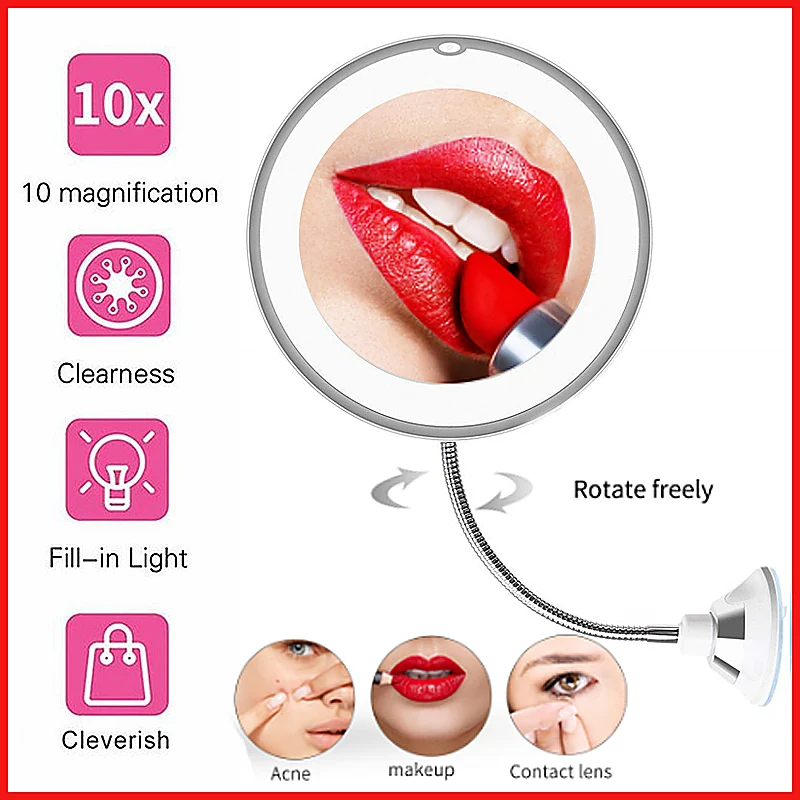 

360 Degree Rotation 10X Magnifying LED Makeup Mirror Compact Suction Cup Folding Vanity Mirror with LED Light cosmetic Tools