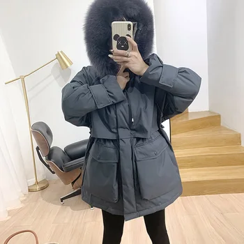 

Real Natural Fox Fur Collar 2019 Winter Jacket Women Plus Size White Duck Down Jacket Hooded Long Down Parka Female Thicken Coat