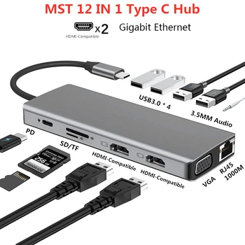 MST Dock Station Dual HDMI-compatible 4K Dual Monitor USB C Adapter USB 3.0 VGA RJ45 PD for Macbook Pro Type C Docking 1