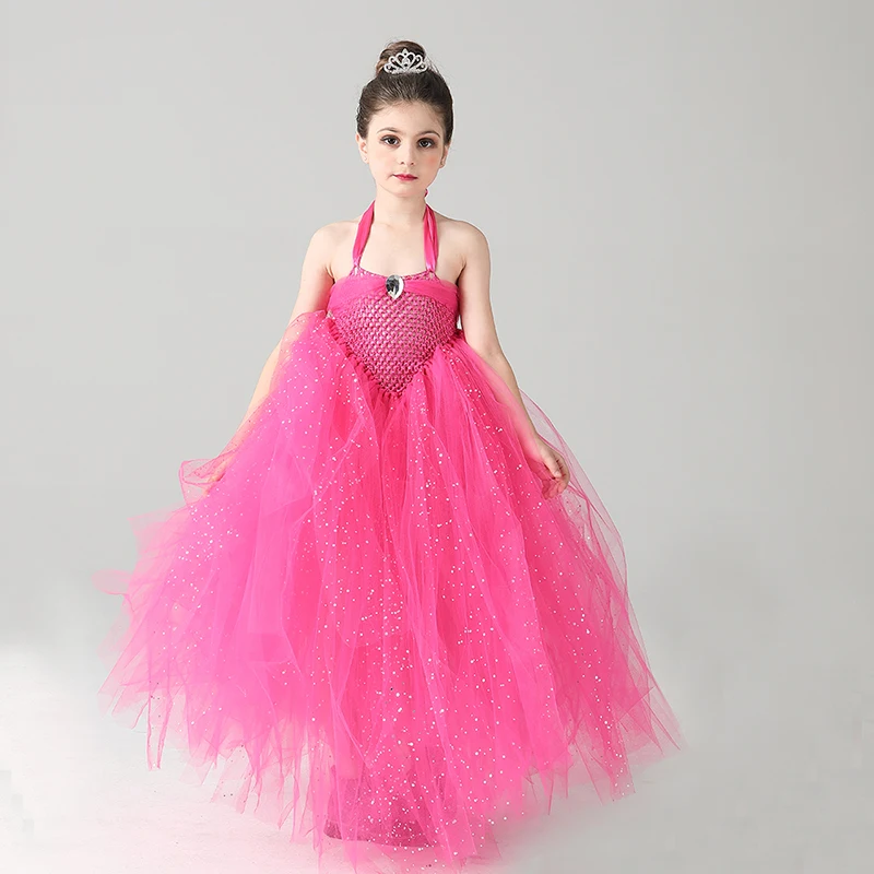 Glittery Hot Pink Tulle Girls Party Tutu Dress Princess Stunning Ball Gown Dress for Children Wedding Pageant Birthday Costume (9)