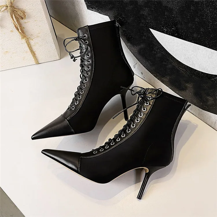 Eilyken, новые женские ботильоны на молнии в стиле панк модная обувь из искусственной кожи на шнуровке с острым носком на тонком высоком каблуке осенние ботинки «Челси»