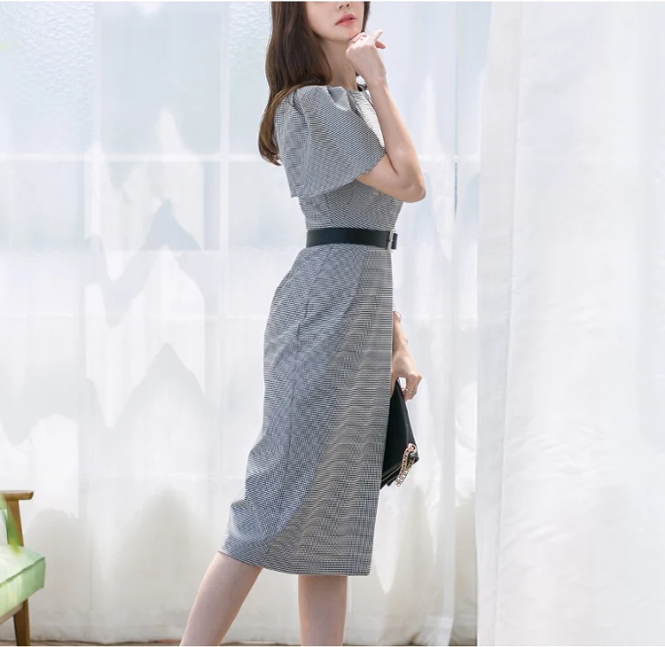 Eleagnt Slim Waist Women plaid Dress O-neck Female Office Ladies Mid-length Vintage Vestidos dresses