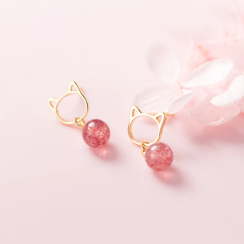 1 Pair Gold Trustdavis Настоящее серебро 925 пробы милые розовые серьги-гвоздики с кристаллами клубники и кошек для модных женщин и девушек DA43 - Окраска металла: 1 Pair Gold