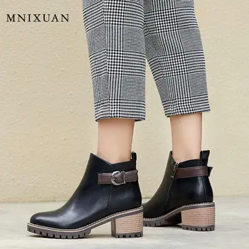 

MNIXUAN Fashion winter women ankle boots 2019 new round toe platform block high heels Brown Womens Shoes Black Booties size 42