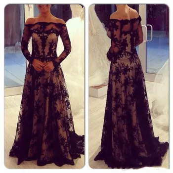 

Long Sleeve Lace Mother of the Bride Dress Off Shoulder Floor Length A Line 2018 Modern Women Formal Evening Gowns