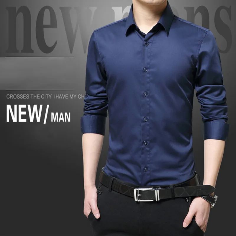 LITTHING Male White Camicas Men Spring Long Sleeve Shirts Turndown Collar Mens Blouses Korean Slim Fit Solid Business Tops
