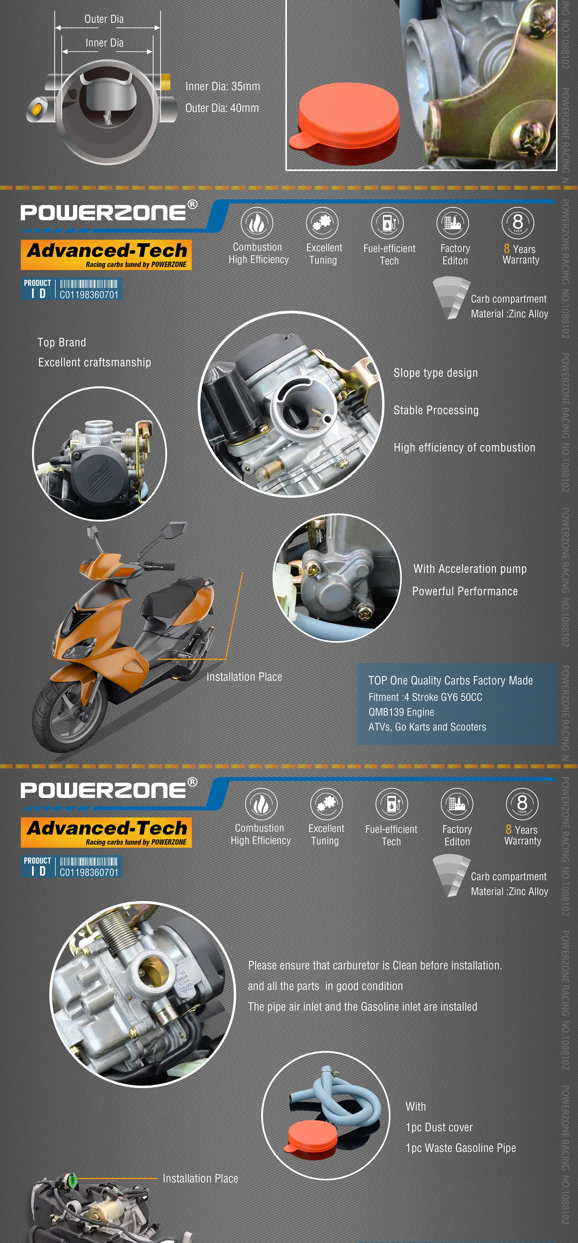 Powerzone карбюратор PD18J 18 мм CVK Ускорительный Насос Carb для GY6 50CC 139QMB 139QMA Мотоцикл Скутер Квадроцикл багги