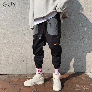 

GUYI Black Patchwork Pocket Cargo Long Pants Capris Men Trousers Autumn Fashion Casual Korean Safari Style Streetwear Overalls