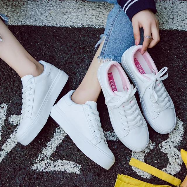 US $8.93 Women Shoes Casual High Platform Solid Color PU Leather Women Casual Vulcanize Shoes Canvas Sneaker