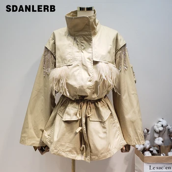 

Studded Ostrich Feather Beaded Fungus Lace-up High Waist Loose-Fit Trench Coat Womens Coat Apricot Windbreaker Ruffles Trench