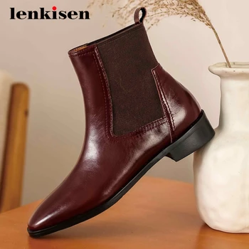 

Lenkisen 2020 winter new boots real leather all-match round toe thick med heel slip on keep warm maiden fashion ankle boots L8f1
