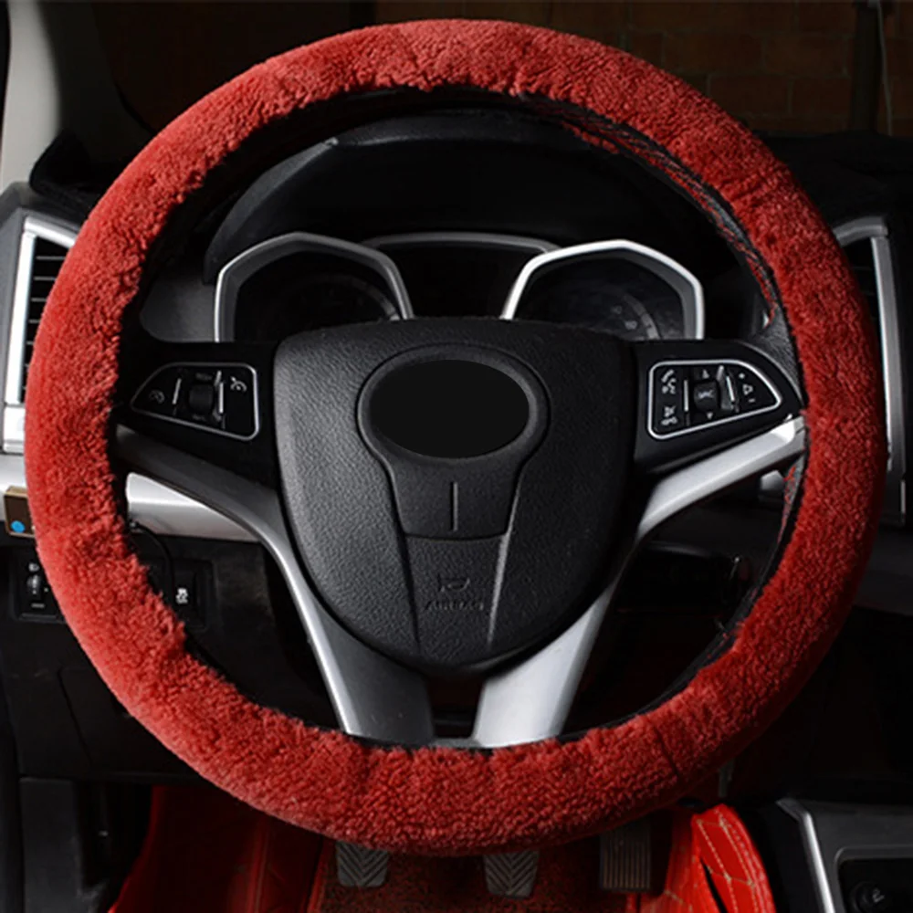 1x шерсть пушистый чехол рулевого колеса автомобиля мягкая защита Decorarion Удобная - Название цвета: Wine Red