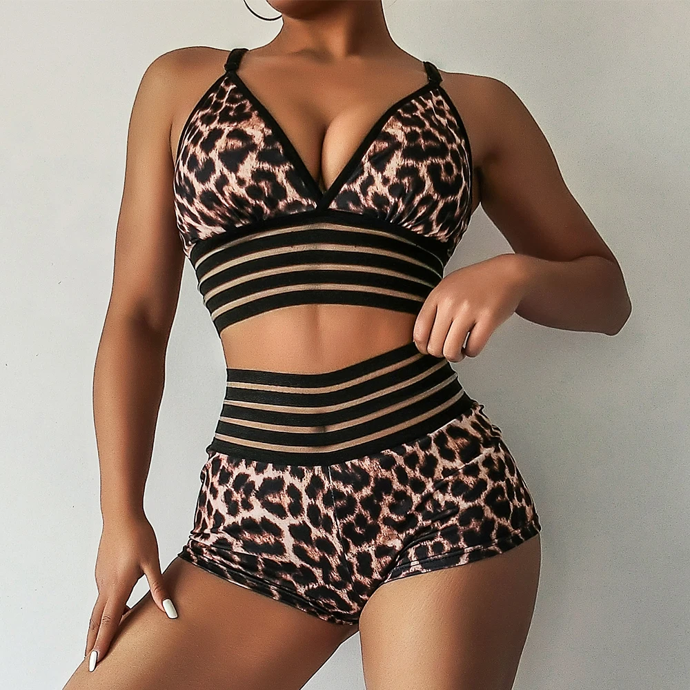 

2020 Sexy Waist Jumpsuit Women Tracksuit Yoga Set Printed Sportswear Bra+Shorts Push Up Fitness Torridity