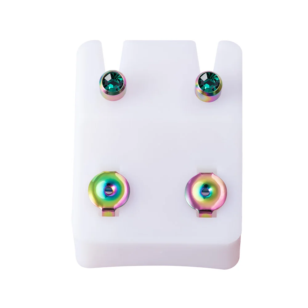 Black Rainbow Steel Birthstone CZ Ear Studs - Tragus Cartilage Piercing Jewelry (Set of 2)
