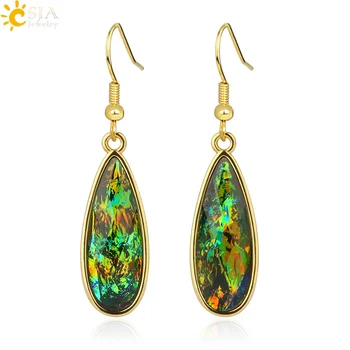 

CSJA New Natural Stone Ammolite Dangle Earrings Square Water Drop Faceted Bead Gold-color Earring for Women Fashion Jewelry G326