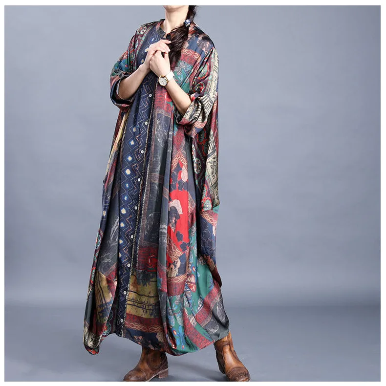 

Vintage Elegant Casual Vestidos De Bohemian Printing Long Dresses O-neck 3/4 Sleeve Printed Big Hem Women Spring Kaftan Dress