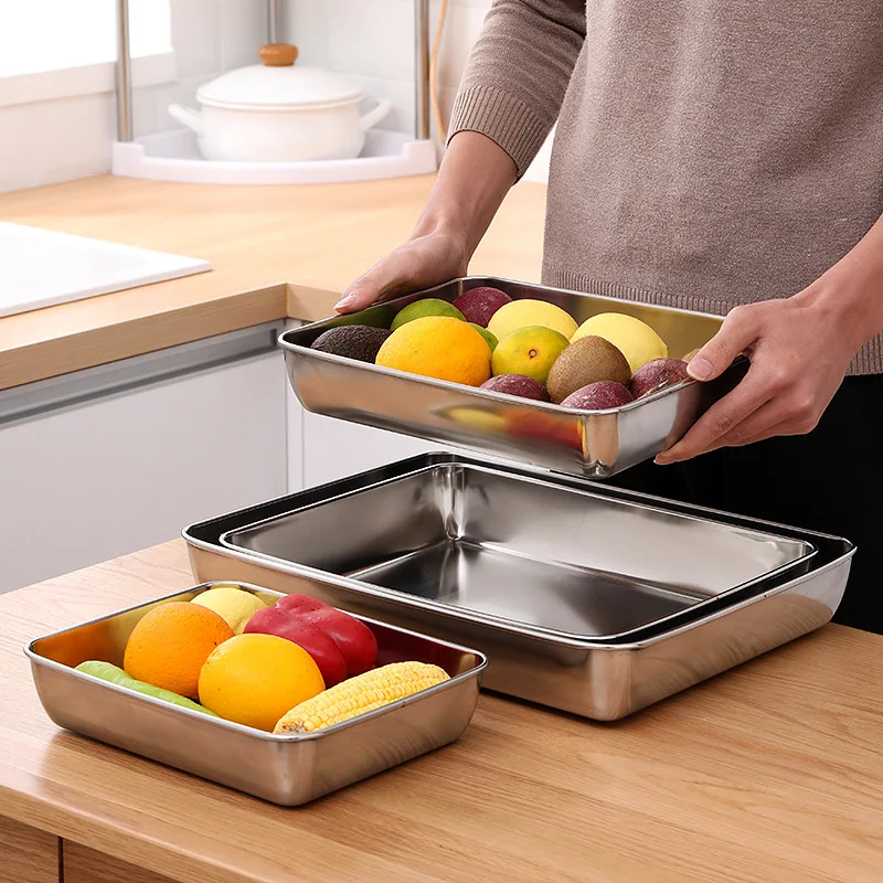 Stainless Steel Rectangular Food Storage Tray Baking Pans Deep Plates Container Kitchen Organizer 5