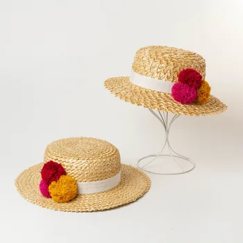 

New European and American style handmade Raffi grass colored ball straw lace straw hat for women summer tourism beach straw hat