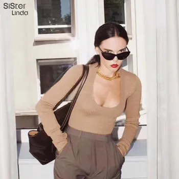 

Sisterlinda Solid Sexy Low Cut Knitted Women Bodysuit O-neck Full Sleeeve Elastic Basic Slim Trousers Mujer Rompers 2019 Autumn