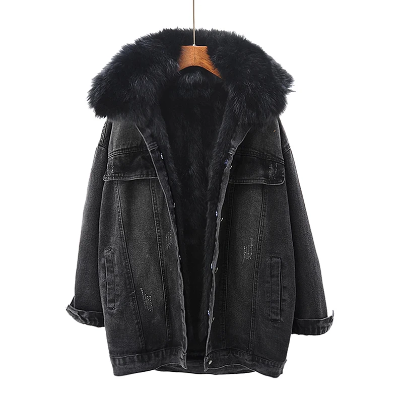 Зимнее теплое меховое пальто, воротник из натурального меха+ подкладка из натурального кроличьего меха, деним с мехом, куртка, женские меховые парки в стиле ретро, меховая верхняя одежда F95 - Цвет: black with black fur