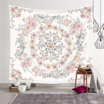 

150X130cm Indian Mandala Tapestry, Flower Psychedelic Tapestry Wall Hanging Throw Plant Print Curtain Light Pink