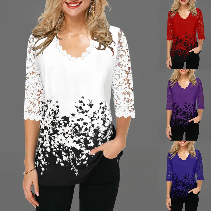 

Women V Neck Blouse Shirt Half Sleeve Print Floral Spring Pullover Plus Size 5XL Hollow Out Lace Female Casual Shirt