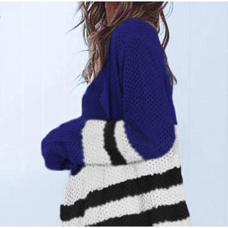 Длинный вязанный женский кардиган с v-образным вырезом; осенний женский свитер в полоску с длинными рукавами и панелями; коллекция года; Модные женские пальто в стиле пэчворк
