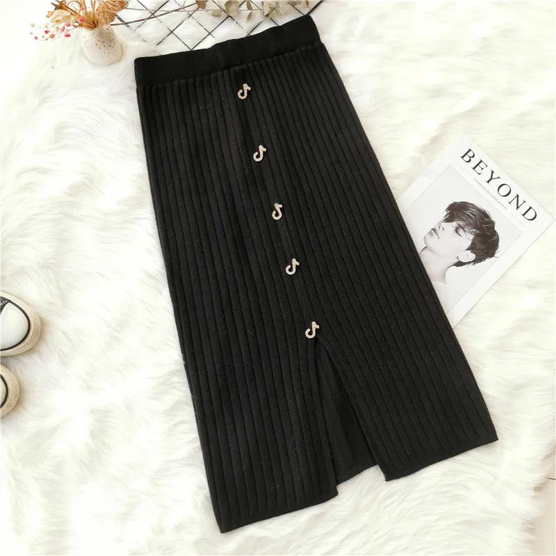 

Stripe Split Note High Waist Solid Knitted Skirts New Women Winter Autumn Fashion Casual 2019 Female Elegant Office All Match