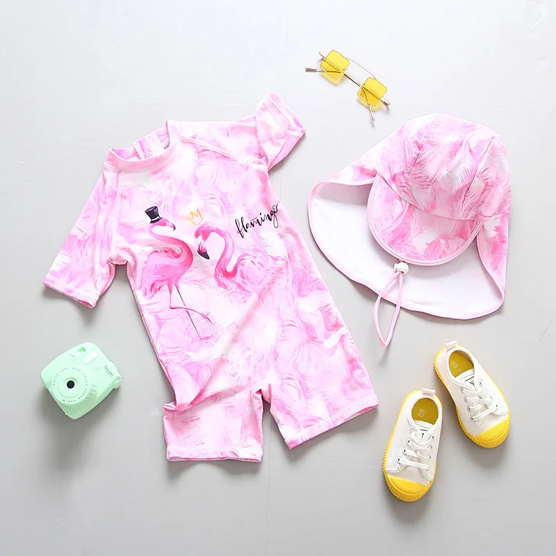 

2-14 Years Old 2021 New Children's Swimsuit Girls Baby Flamingo Sweamwear Kids Swimwear One Piece Sunscreen Surfing Bathing Suit