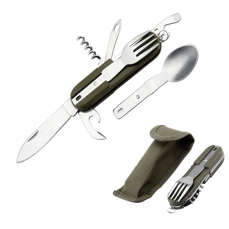 Stainless Steel Travel Kit Portable Army Green Folding Camping Picnic Cutlery Knife Fork Spoon Bottle Opener Flatware Tableware 1