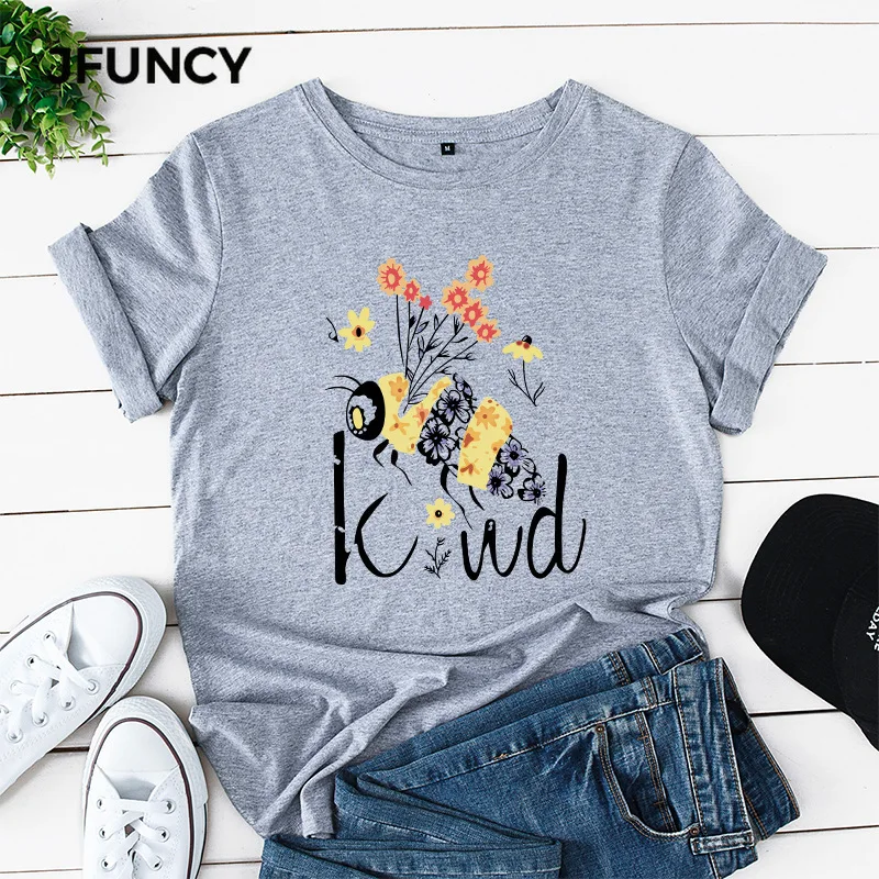 JFUNCY 100% Cotton Women Tshirt Creative Cartoon Bees Printed Shirts Plus Size Summer Female T-Shirt Harajuku Graphic Tees Tops | Женская
