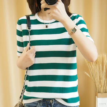 

Summer new striped short-sleeved t-shirt women's cotton round neck cotton and linen knitted pullover comfortable wild jacket top
